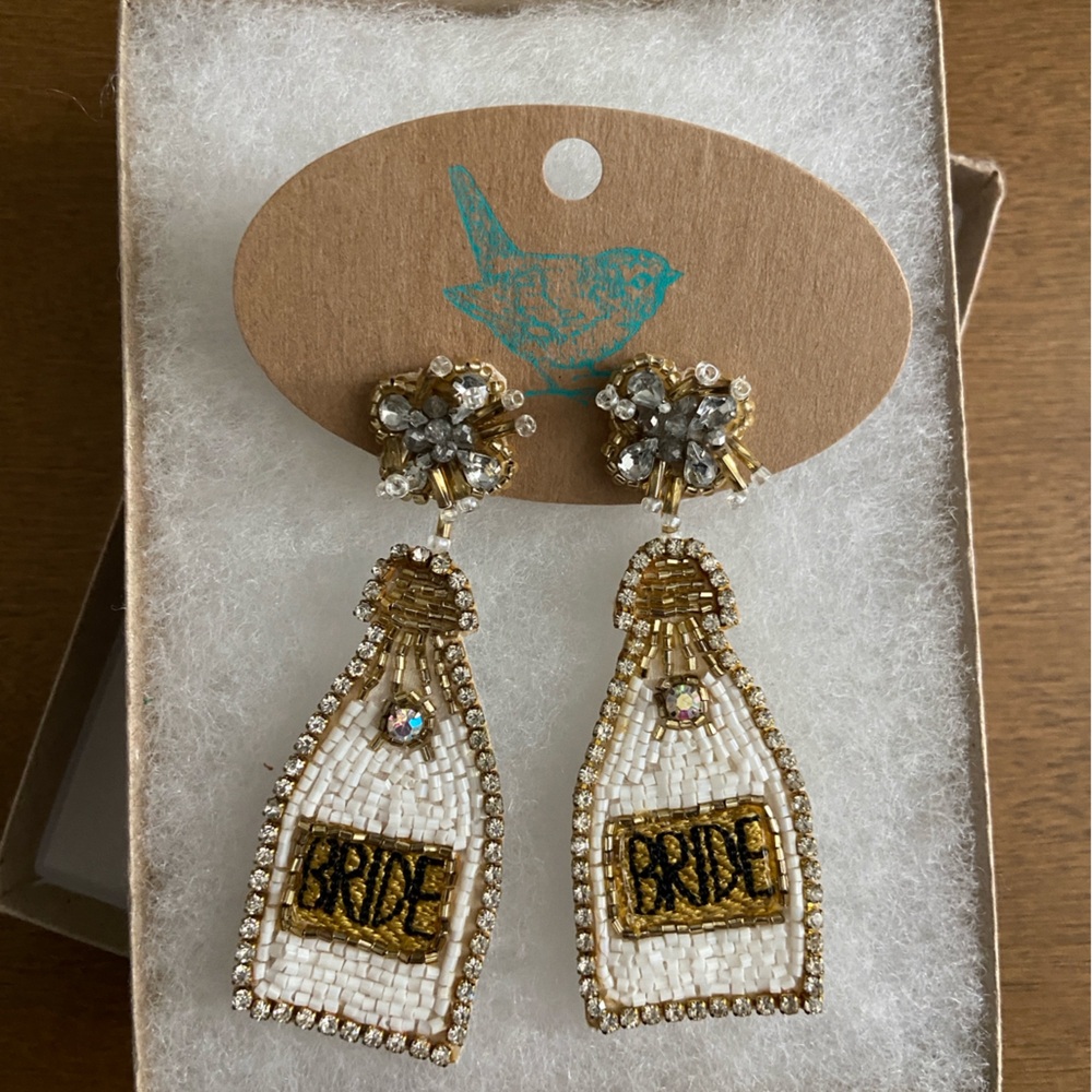 Bride Beaded Champagne Bottle Earrings, Boutique, White and Gold